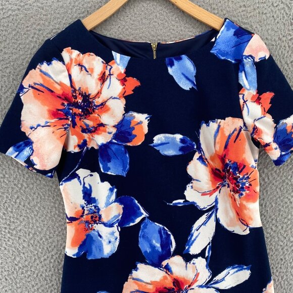 Tahari Dress Womens 6 Blue Multi Floral Shift Short Sleeve Stretch Career Work - Picture 2 of 9